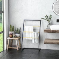 Portasciugamani a 4 Sbarre in Acciaio e Bambù, 60x35x102 cm, Nero e color Legno