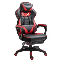 Sedia da Ufficio Ergonomica, Sedia da Gaming, Sedia Girevole con Poggiapiedi Retraibile e Schienale Regolabile in Schiuma, Pelle PU e Metallo, 65 x 70 x 118.5-128.5 cm, Nero e Rosso