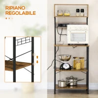 Scaffale Cucina con Multipresa, Ripiani e Ganci Stile Industriale, 60x42x153cm, Marrone