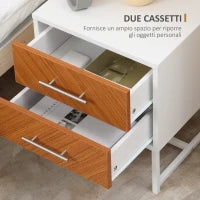 Comodino Moderno a 2 Cassetti in Metallo e Legno 40x39x48cm Marrone e Bianco
