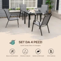 Set 4 Sedie da Giardino Impilabili e Salvaspazio con Braccioli in Metallo e Tessuto a Rete, Grigio