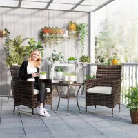 Set Mobili da Giardino Rattan Set Arredamento Giardino 3pz Tavolo con 2 Sedie con Cuscini Marrone