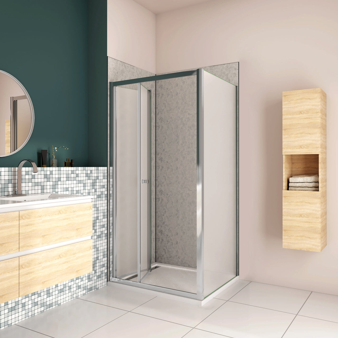 185cm Box Doccia Angolare Porta a Soffietto con Parete Fissa 90x80cm in Vetro Temperato Satinato Opaco 5 mm Profilo Cromato Lucido