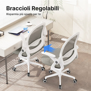 Sedia Ufficio con Supporto Lombare - RATTANTREE - Sedia Ufficio da Scrivania ergonomica Braccioli 90° Regolabile - Grigio