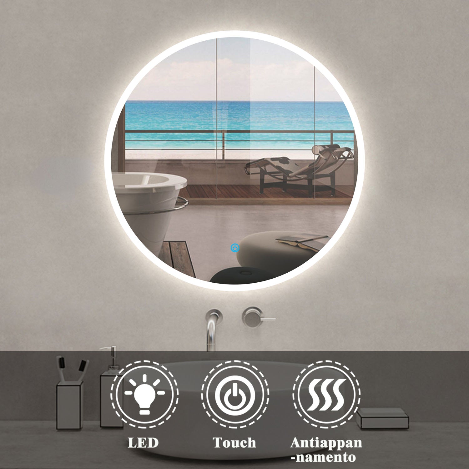 Aica Specchio da bagno rotondo con LED 100 x 100 cm + antiappannamento + interruttore a sfioramento