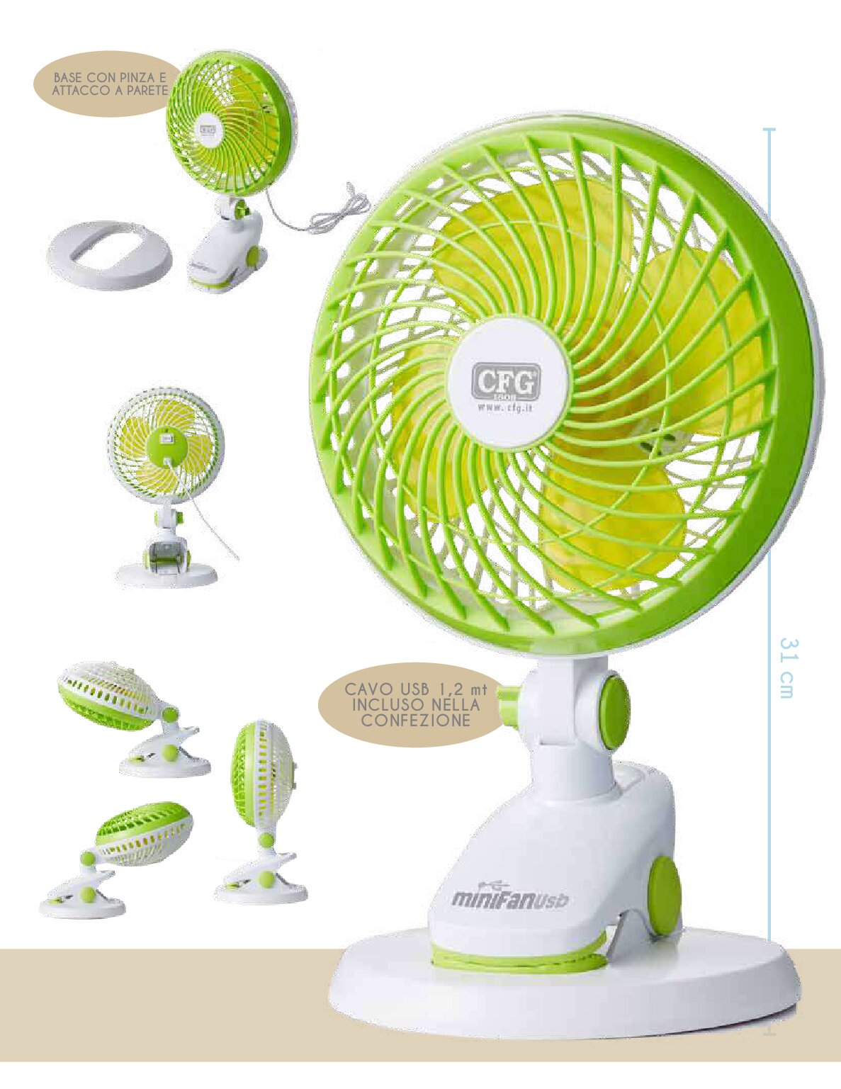 CFG EV090 MINI FAN USB Ventilatore base con clip, a pinza da tavolo e da parete, diametro 22 cm, inclinabile 90°