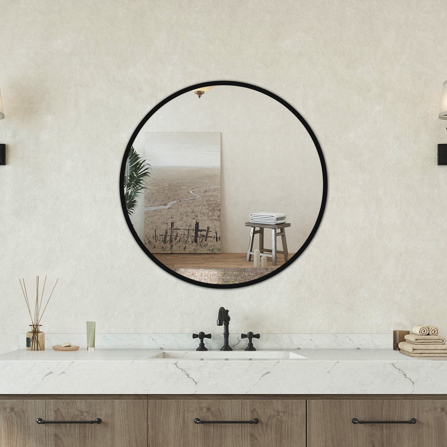 Specchio rotondo 70cm con cornice, adatto per soggiorno, camera da letto, bagno e molteplici scenari