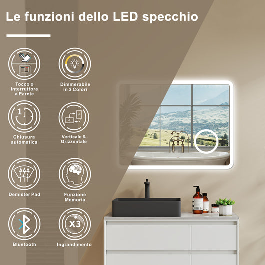 Aica 80x60cm Specchio da bagno Bluetooth antiappannamento, 3 colori dimmerabili, lente d'ingrandimento 3X
