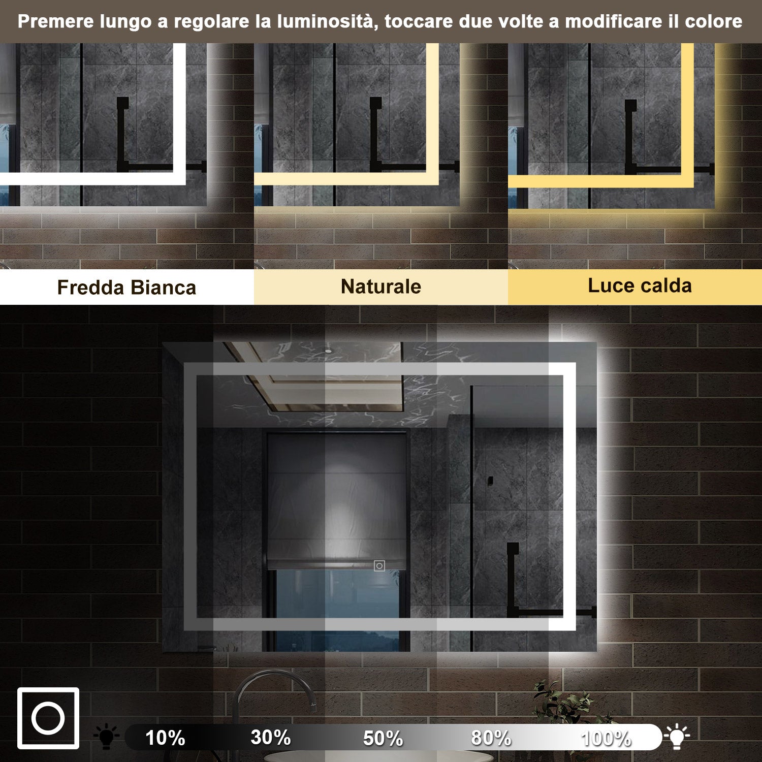 specchio rettangolare 70 x 50 cm con luce led antiappannamento e touch, 3 colori