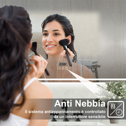 Specchio Luminoso da Bagno 120x70cm con Bluetooth, 3 Luci LED, Regolabile, Lente d'Ingrandimento, Orologio, Anti-Appannamento e Memoria