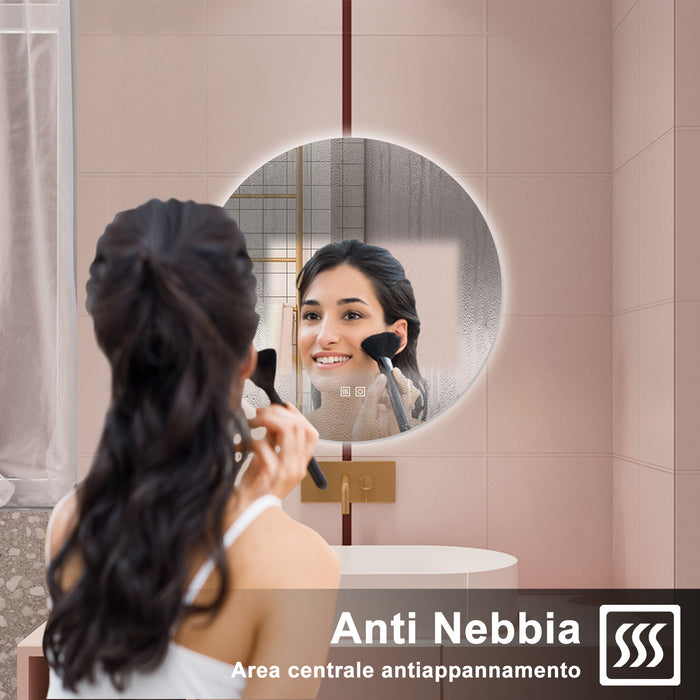 AICA Specchio da bagno 90 x 90 cm, 3 colori, antiappannamento, dimmerabile, interruttore touch, Funzione Memoria