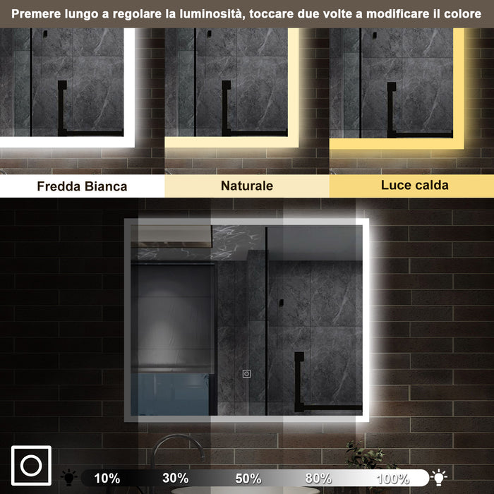 specchio rettangolare 90x70 cm con luce led, antiappannamento e touch
