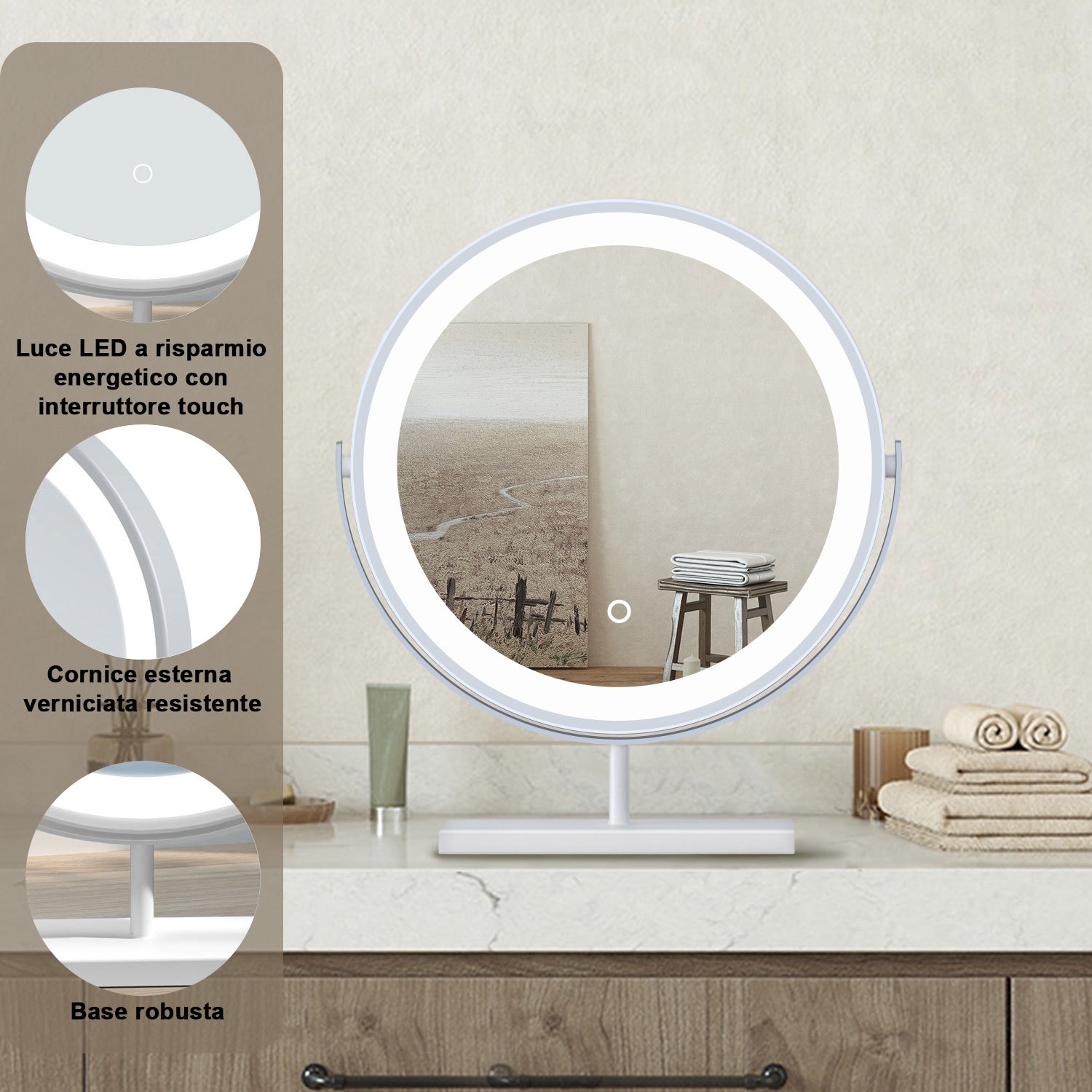 40x48cm Specchio da trucco a posizionamento statico LED + Touch Control + 3 temperature di colore regolabili