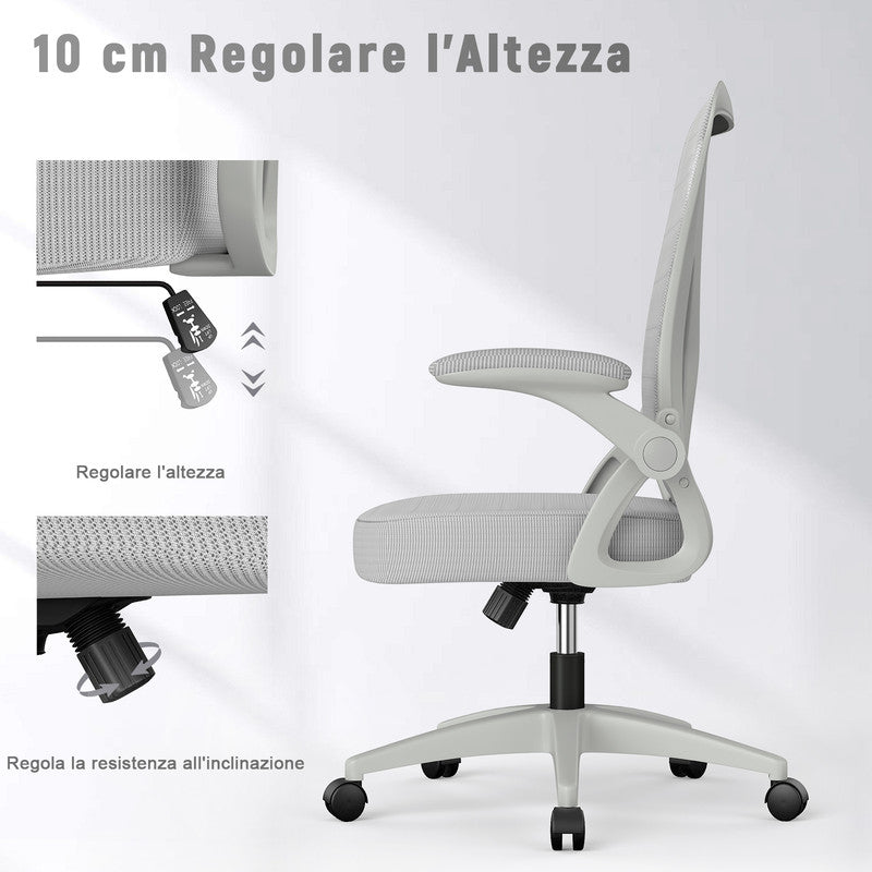 Sedia Ufficio Bracciolo Regolabile - RATTANTREE - con Supporto Lombare, Schienale Reclinabile 105°, Grigio