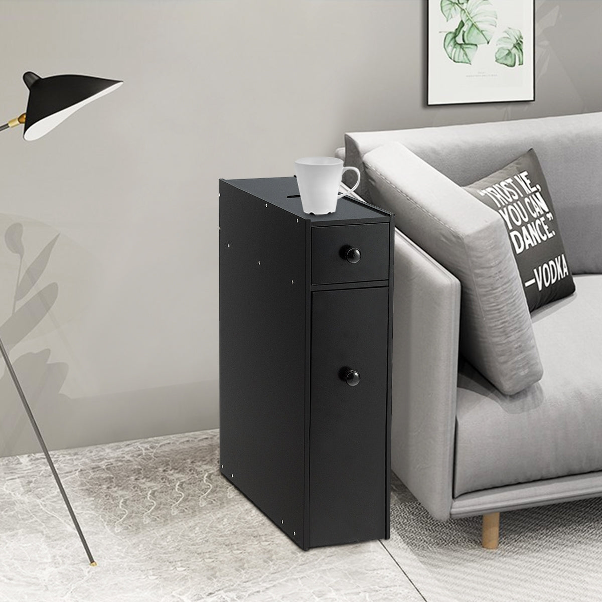 Armadio sottile di stoccaggio per gabinetto, Armadietto laterale da bagno multiuso in legno 48x16x58cm Nero-Armadietti da bagno