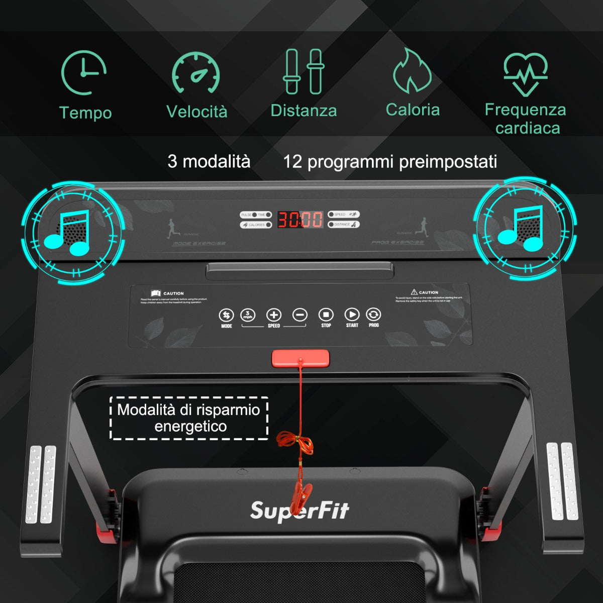Tapis roulant pieghevole per casa con controllo APP, Tapis roulant compatto con schermo LED Nero e rosso-Tapis roulant