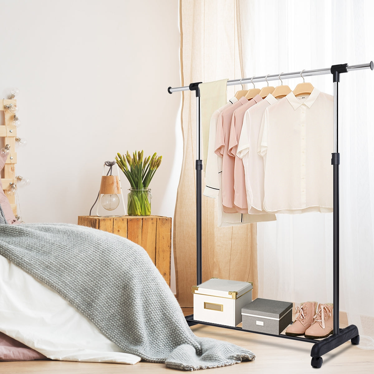 Stand appendiabiti estensibile con ruote, Appendiabiti regolabile in acciaio inox 140x42x170cm-Appendiabiti