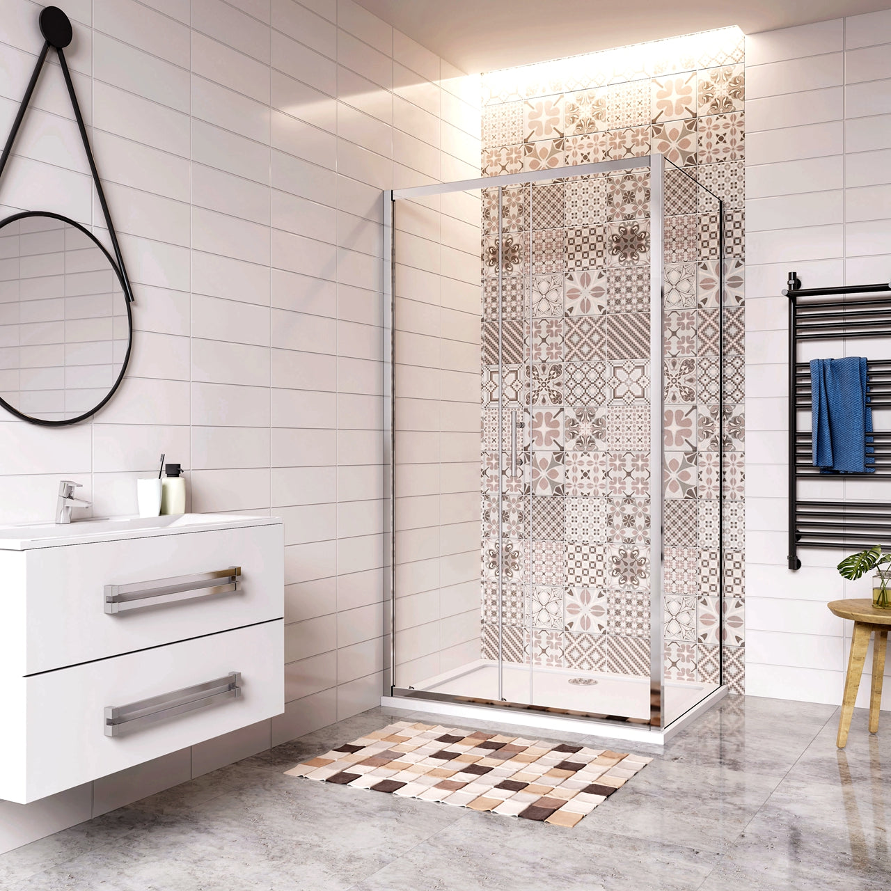 185 cm Box Doccia Angolare Porta Scorrevole con Parete Fissa Vetro Temperato 5 mm Trasparente Telaio Cromato Lucido 110x90 cm