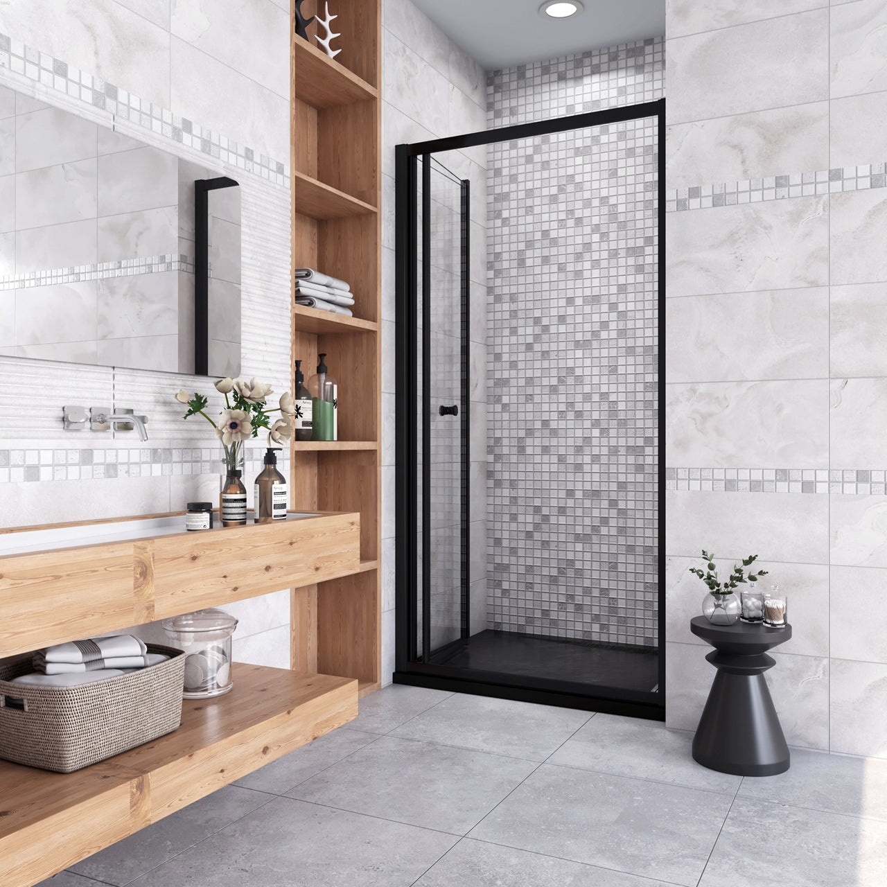 185 cm Box Doccia per Nicchia Porta a Soffietto Vetro Temperato 5 mm Trasparente  Profilo Nero Opaco 70 cm