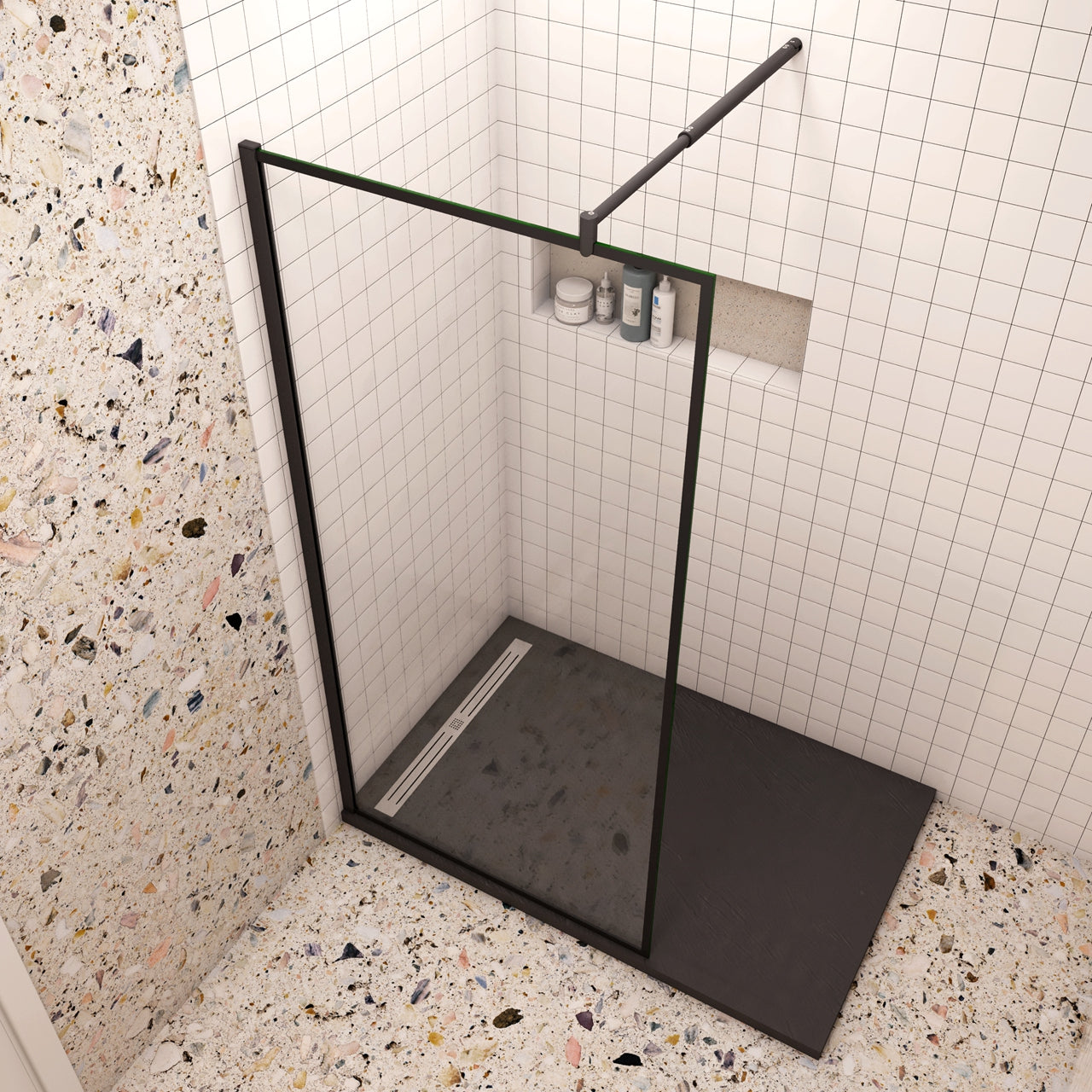 80x200cm Walk In Parete Per Doccia in Vetro Temperato 8mm Anticalcare con Bordo Nero Serigrafato Barra Stabilizzatrice da 70-120 cm