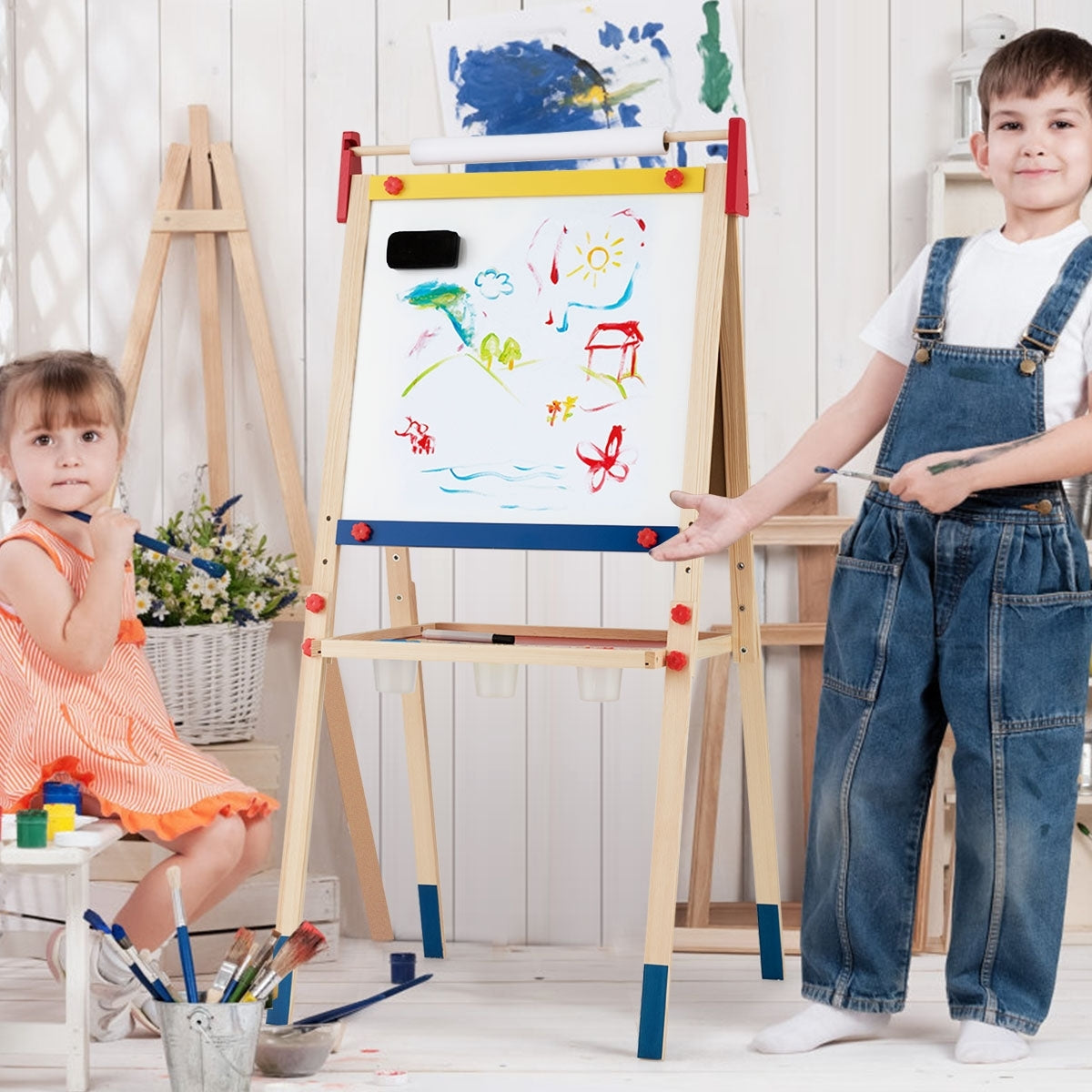 Cavalletto per bambini 3 in 1 in legno con accessori completi, Lavagna e lavagna bianca double face regolabili 50x47cm-Cavalletti e lavagne bambini
