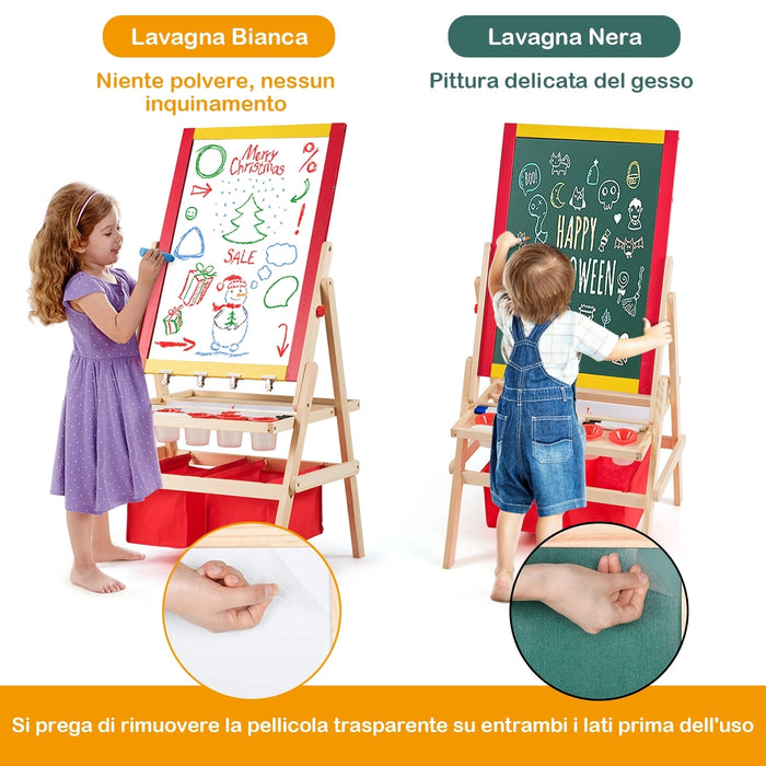 Cavalletto per bambini 3 in 1 in legno con accessori completi, 39x59cm Lavagna e lavagna bianca double face-Cavalletti e lavagne bambini