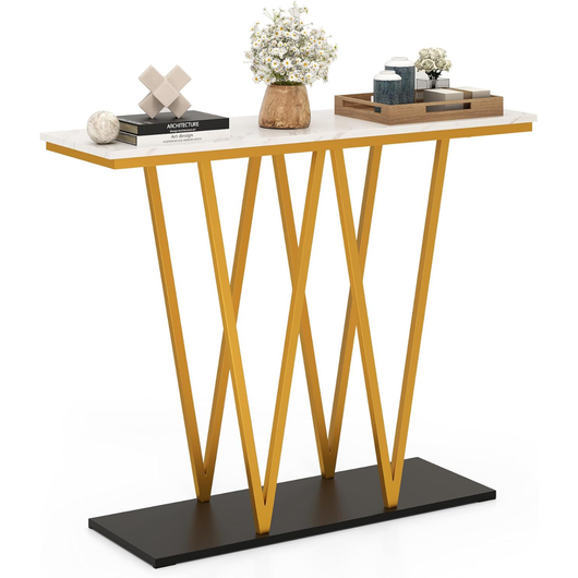 Tavolo console moderno da 100 cm con piano in marmo finto e struttura in metallo, Tavolo da ingresso Bianco + Oro-Consolle
