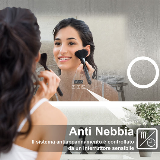 Specchio luminoso Orologio + lente d'ingrandimento + bluetooth + luce tricolore + anti-appannamento 120x70cm bagno regolabile, memoria, touch, LED