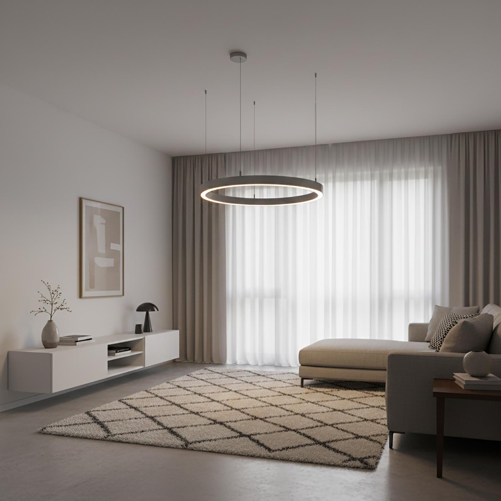 LAUTARO Lampadario LED 59W Pendente Lampada a Sospensione Circolare DALI Dimmerabile 90cm Luce Sala Ricevimento Ristorante Albergo GRIGIO 3000K