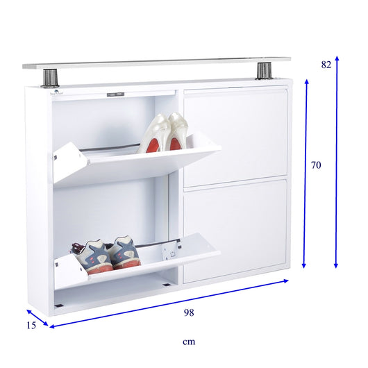 Scarpiera Slim a 4 ante | Orizzontale| BIANCA | con utile ripiano d’appoggio |15x98x70 cm | 8/12 PAIA di scarpe |montate