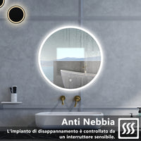 Specchio da bagno Rotondo con 100cm,3 colori,Memoria, Antifog,Regorabile,Retroilluminato,doppio interruttore,