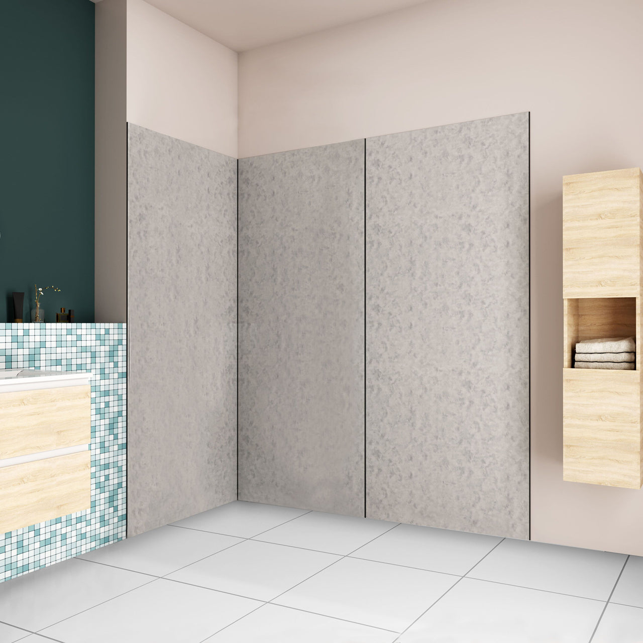 H.210 cm Pannello Doccia ad Angolo 80x90x90 cm Realizzato in Alluminio da 3 mm con Profili Finitura Grigio Cemento per Rivestimento Parete Bagno