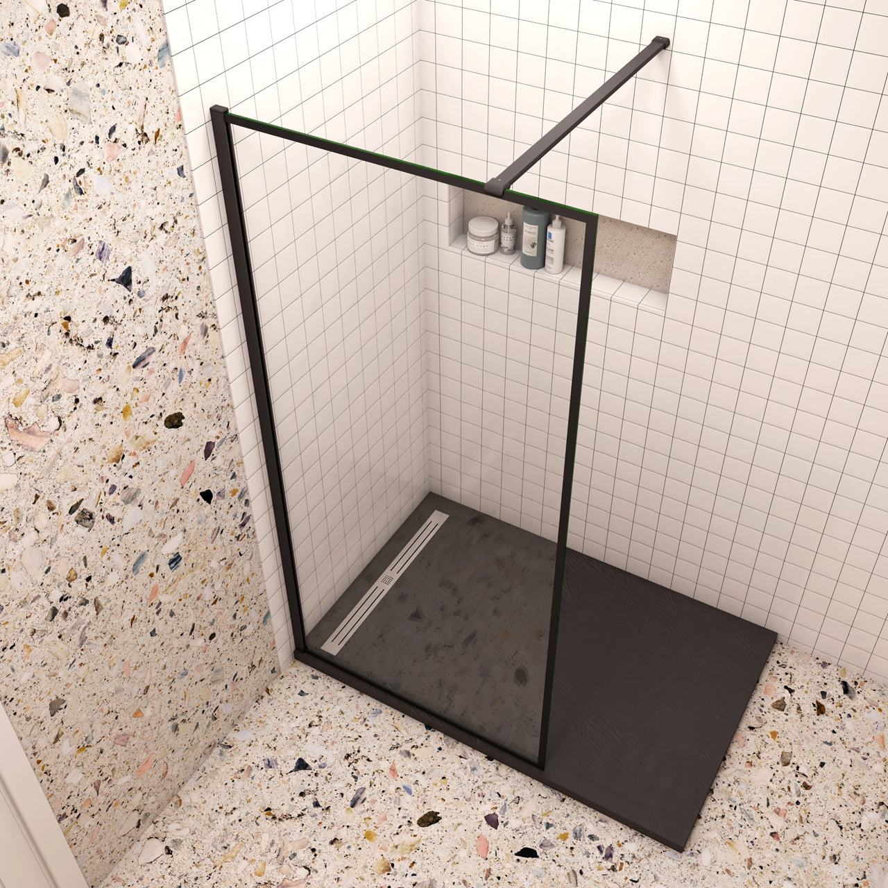 80x200cm Walk In Parete Per Doccia in Vetro Temperato 8mm Anticalcare con Bordo Nero Serigrafato Barra Stabilizzatrice da 90 cm