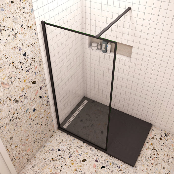 80x200cm Walk In Parete Per Doccia in Vetro Temperato 8mm Anticalcare con Bordo Nero Serigrafato Barra Stabilizzatrice da 90 cm