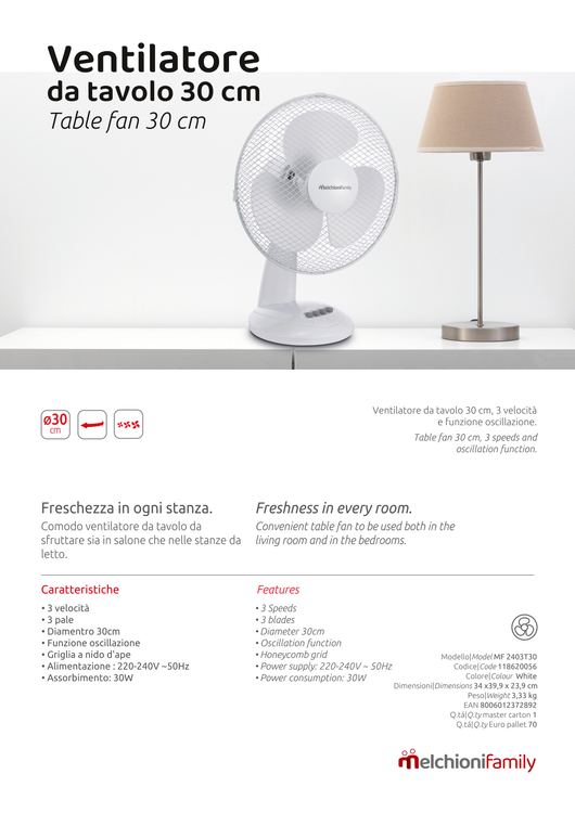 Melchioni Family ventilatore da tavolo MF2403T30 30cm 3 velocità 3 pale oscillazione