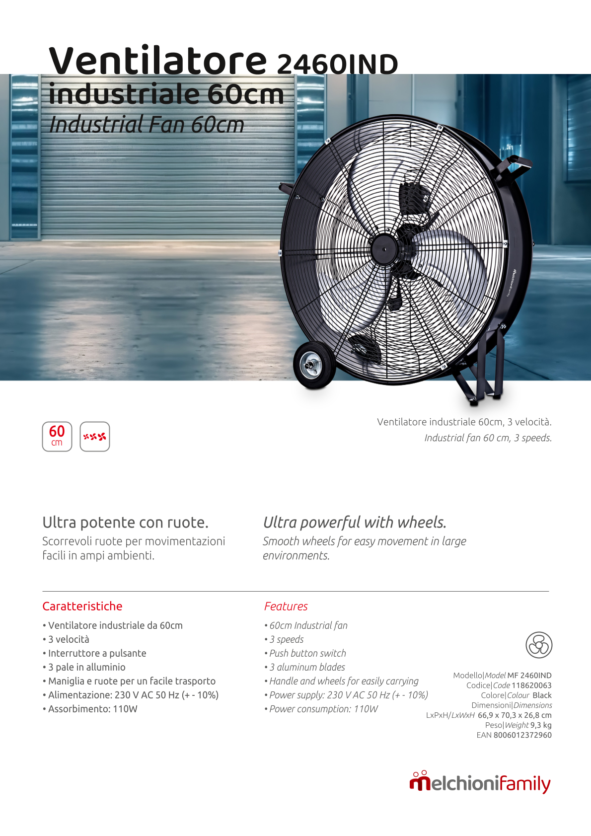 Melchioni Family Ventilatore industriale in metallo da 60 cm di diametro 2460IND interruttore maniglia e ruote 110W