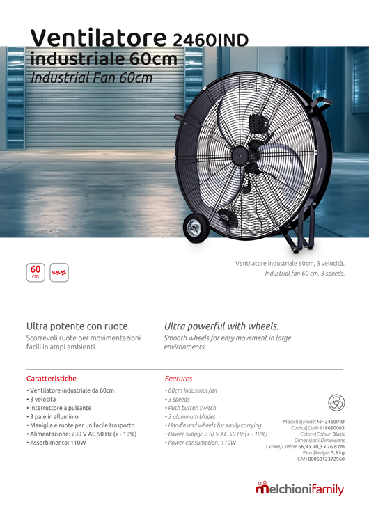 Melchioni Family Ventilatore industriale in metallo da 60 cm di diametro 2460IND interruttore maniglia e ruote 110W