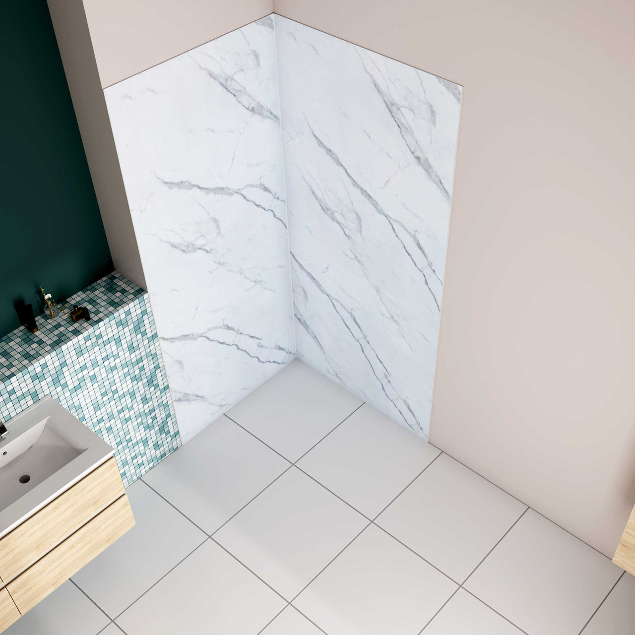 H.210 cm Pannello Doccia ad Angolo 90x100 cm Realizzato in Alluminio da 3 mm con Profili Finitura Bianco Alba per Rivestimento Parete Bagno