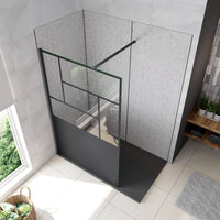 Doccia Walk In Parete Fissa Vetro Temperato 8 mm Anticalcare 100x200cm Semitrasparente Riquadri Nero Serigrafato Barra Stabilizzatrice da 90 cm