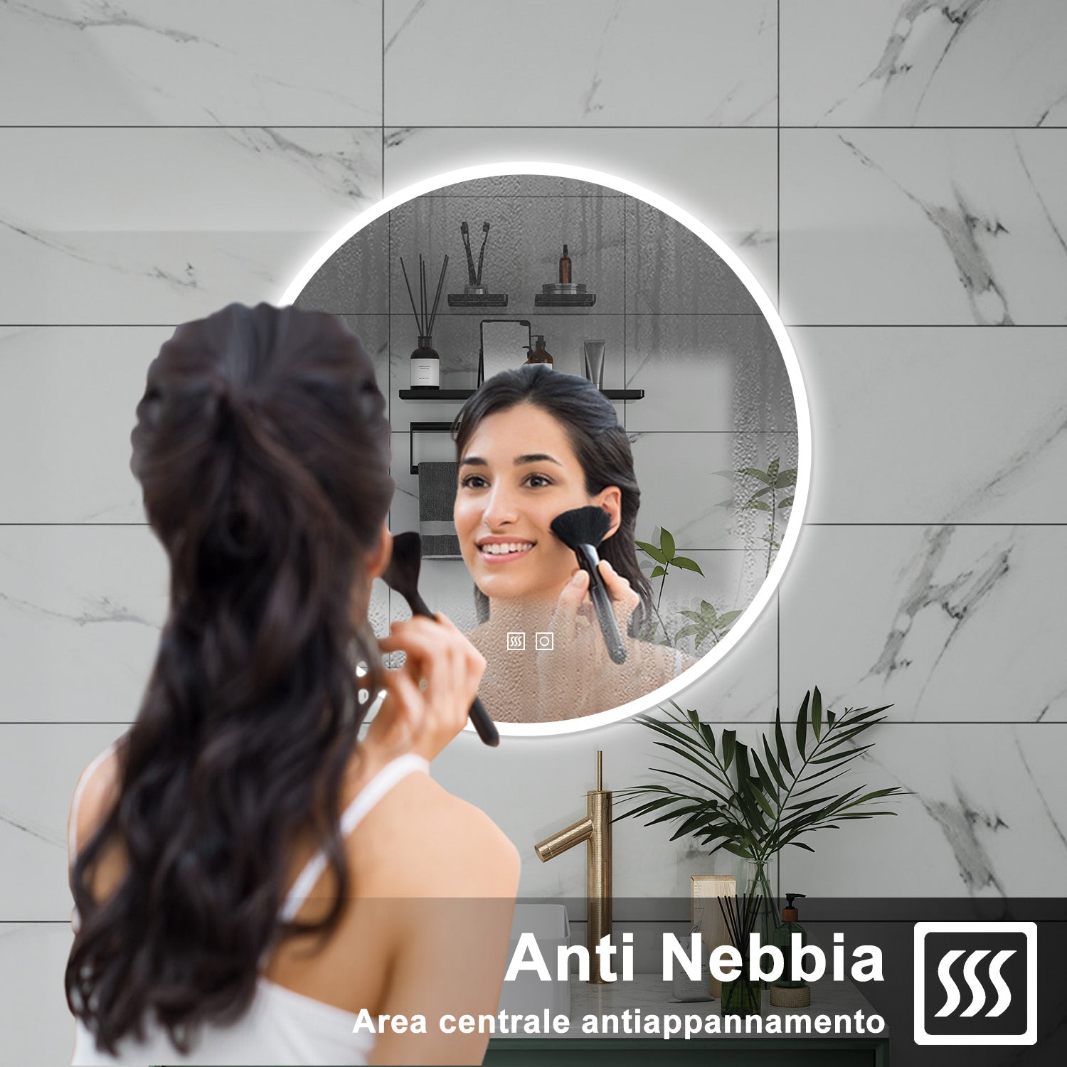 AICA Specchio da bagno 80 x 80 cm, 3 colori, antiappannamento, dimmerabile, interruttore touch, Funzione Memoria