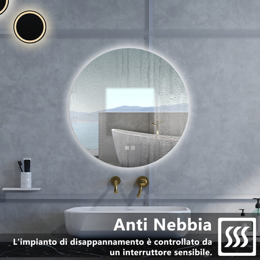 Specchio da bagno Rotondo con 80cm,3 colori,Memoria, Antifog,Regorabile,Retroilluminato,doppio interruttore,