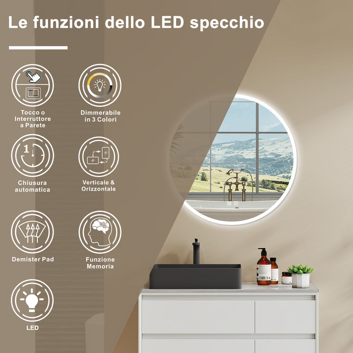 AICA Specchio Da Bagno Rotondo Da 80cm con LED, Antiappannamento, 3 Temperature Colore