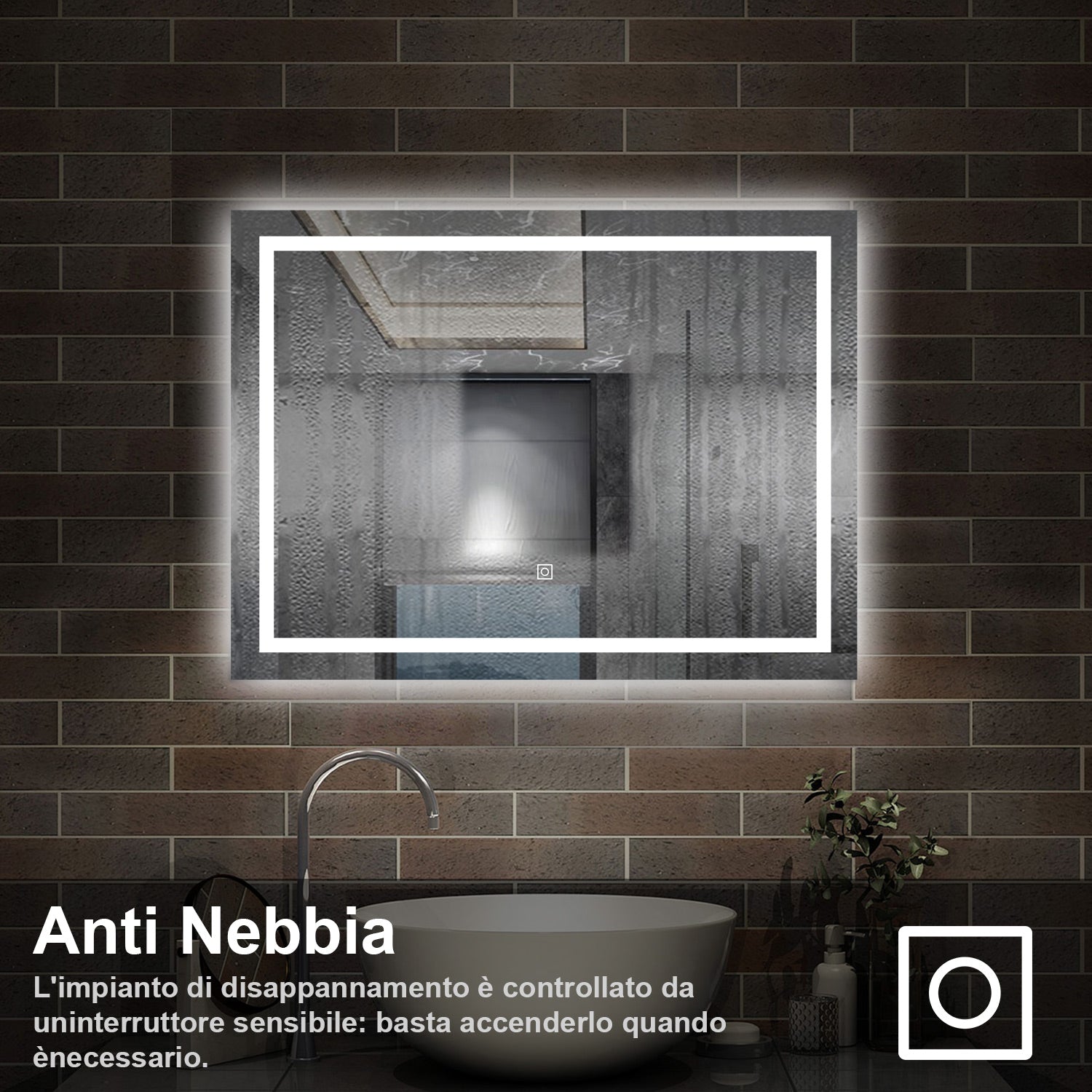 80 x 60 cm,AICA Specchio da Bagno LED con Luce, memoria, antiappannamento,CRI>90,autospegnimento,interruttore touch