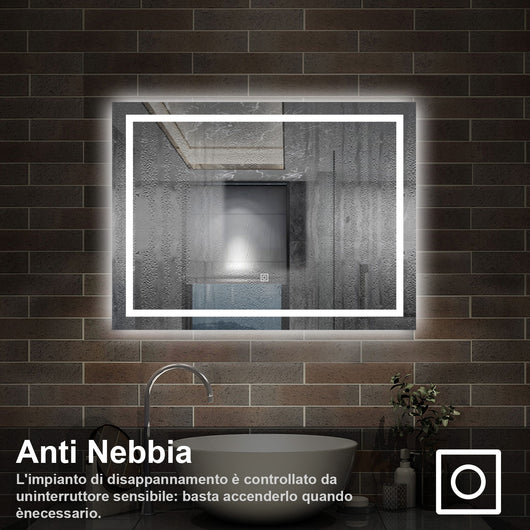 80 x 60 cm,AICA Specchio da Bagno LED con Luce, memoria, antiappannamento,CRI>90,autospegnimento,interruttore touch