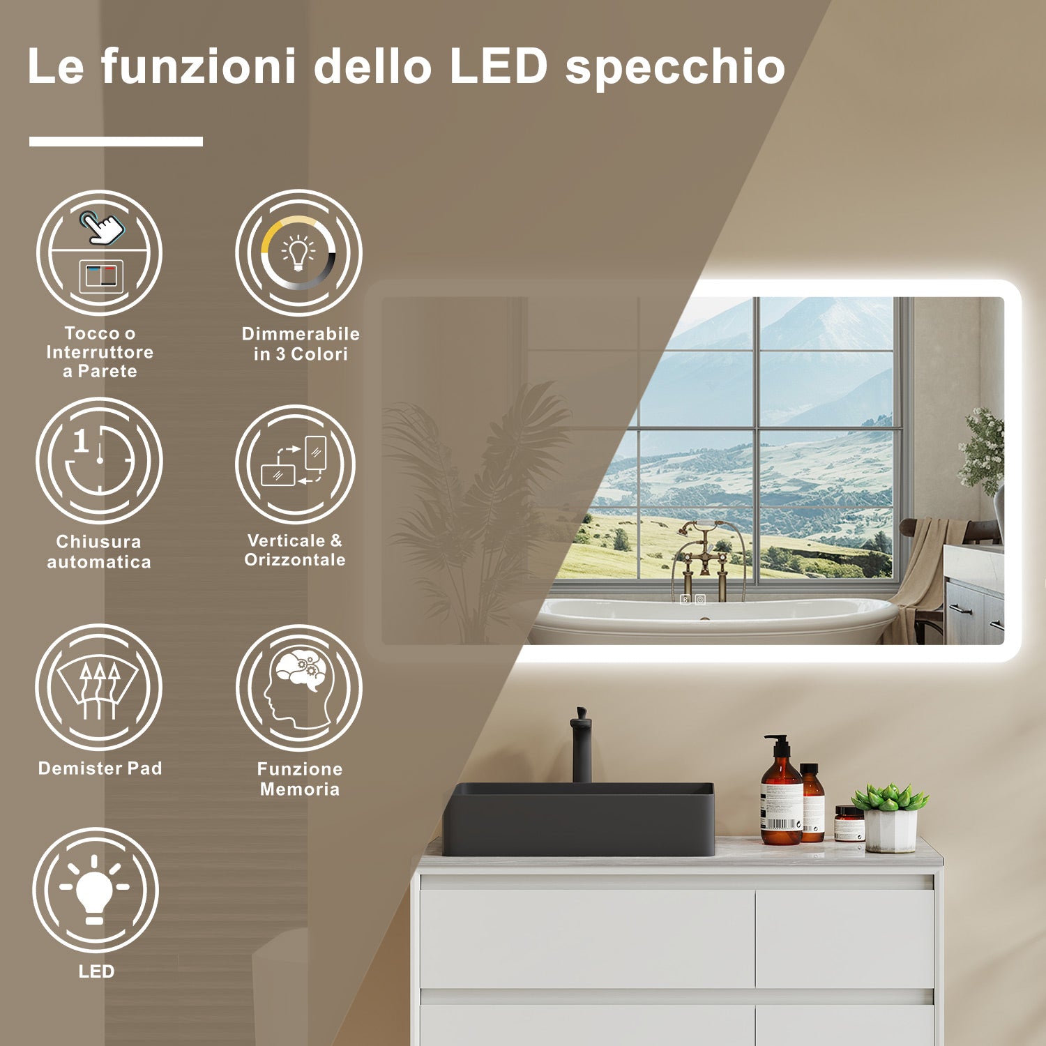 Aica Specchio da bagno a LED con Bluetooth 100 x 60 cm, 3 colori di luce regolabili, tasti a sfioramento
