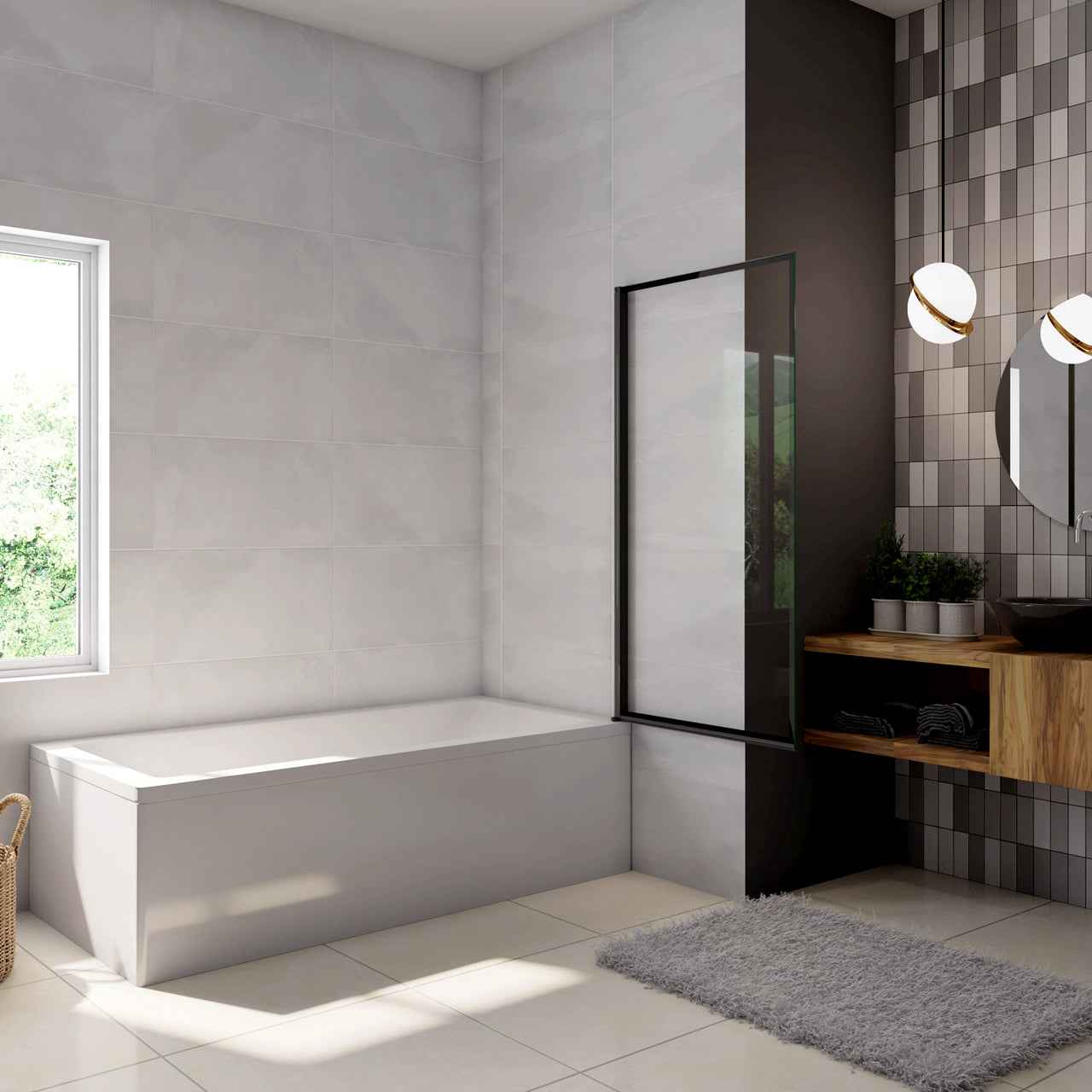 Parete Vasca Doccia 70xh.140cm Sopravasca Anta Girevole in Vetro Temperato 4 mm Trasparente con Bordo Nero Serigrafato