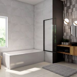 Parete Vasca Doccia 70xh.140cm Sopravasca Anta Girevole in Vetro Temperato 4 mm Trasparente con Bordo Nero Serigrafato