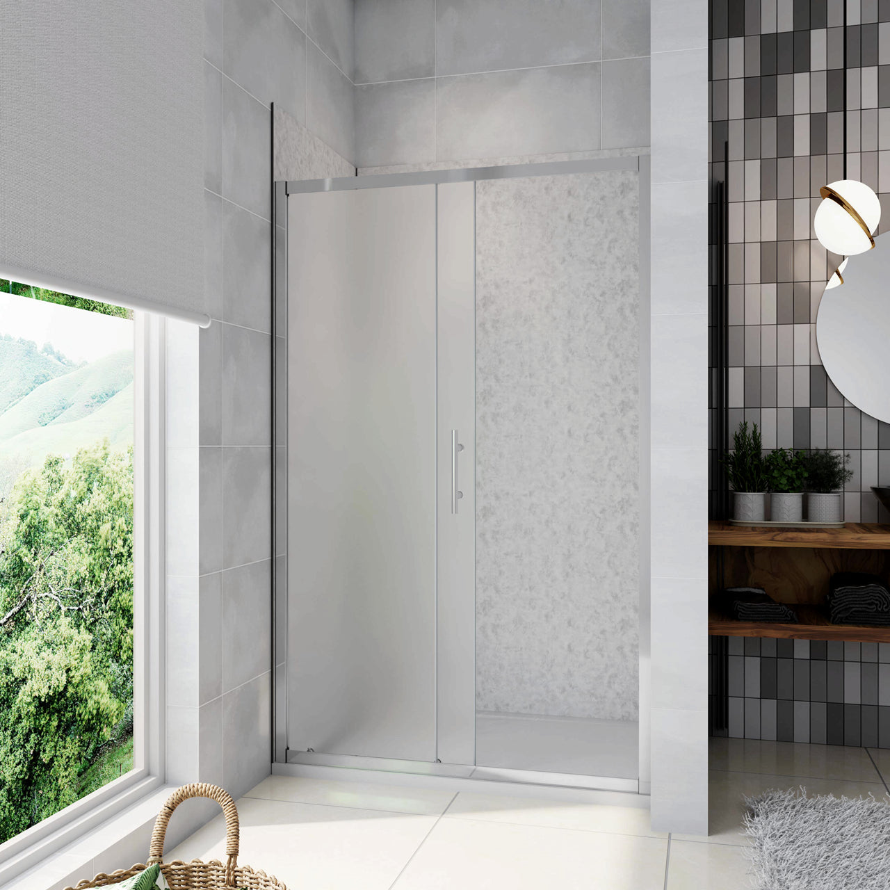 110x185 cm Porta Doccia Per Nicchia Anta Scorrevole Ingresso Laterale In Vetro Temperato 5mm Satinato Opaco