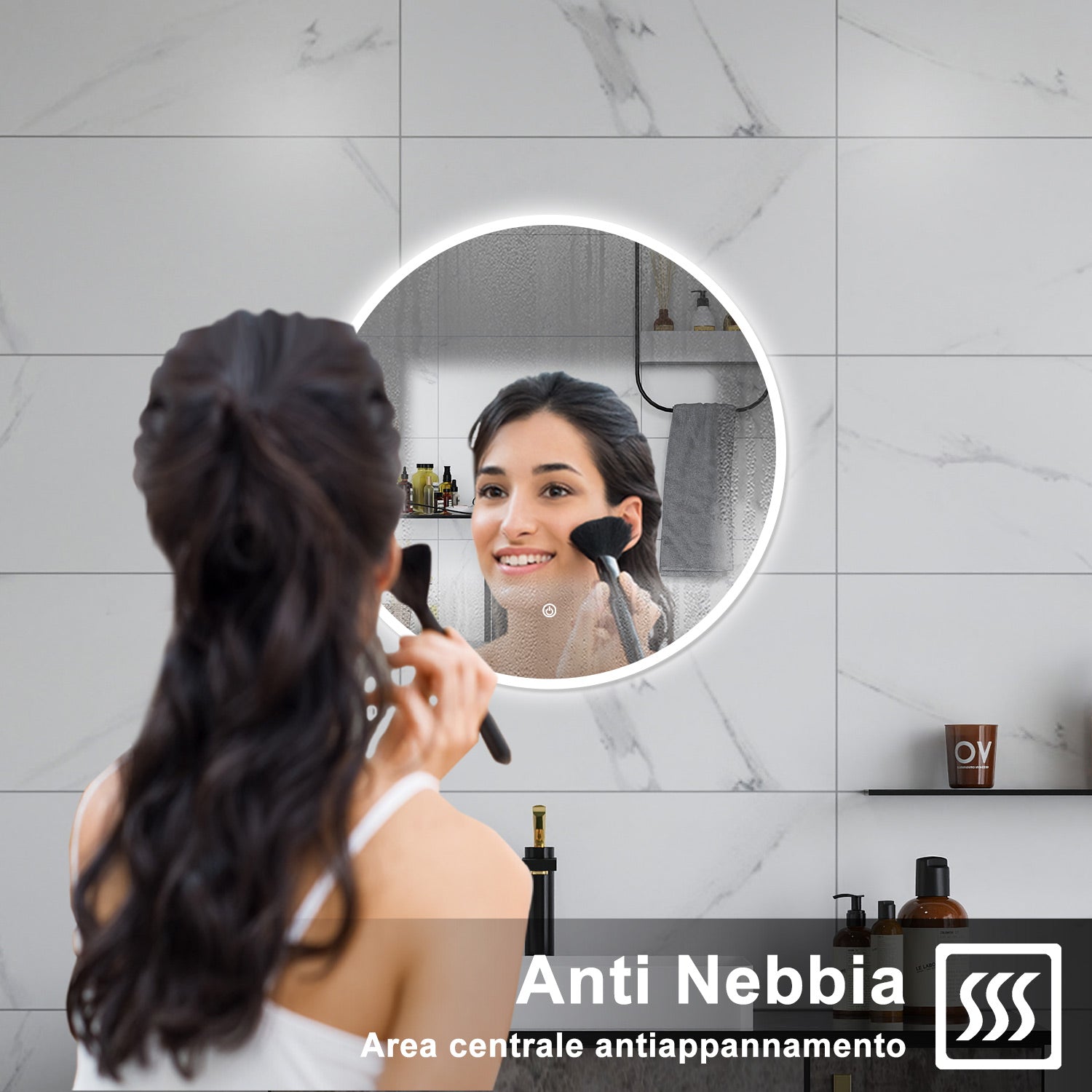 AICA Specchio da bagno 100 x 100 cm, 3 colori, antiappannamento, dimmerabile, interruttore touch, Funzione Memoria