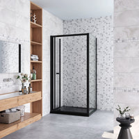 185cm Box Doccia Angolare Porta a Soffietto con Parete Fissa 86x80cm in Vetro Temperato Trasparente 5 mm Profilo Nero Opaco